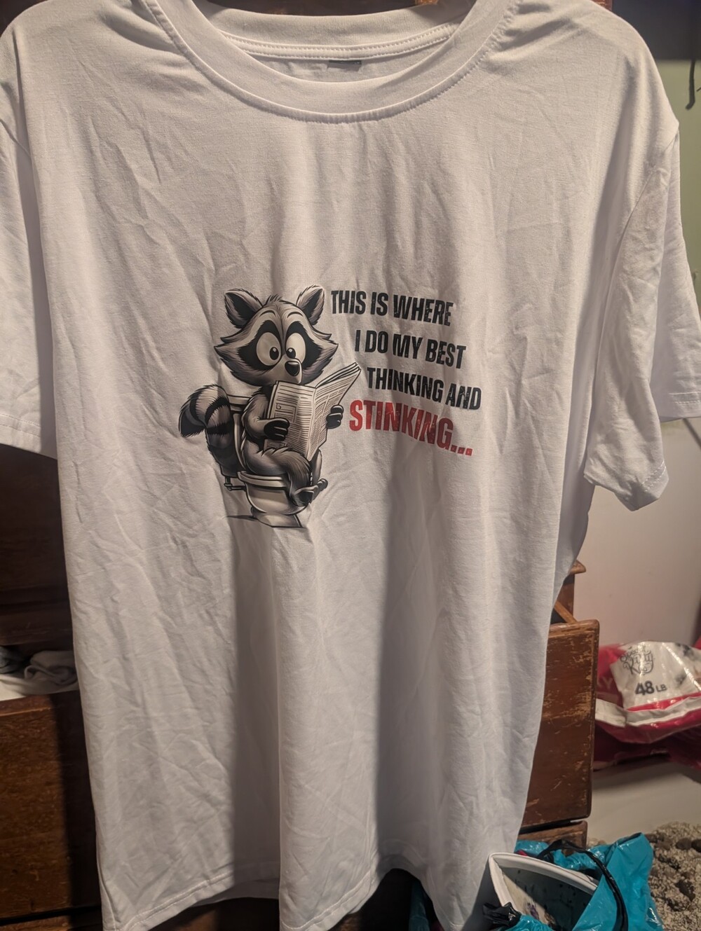 Funny Raccoon On Toilet T-Shirt Thinking And Stinking Graphic Tee White New